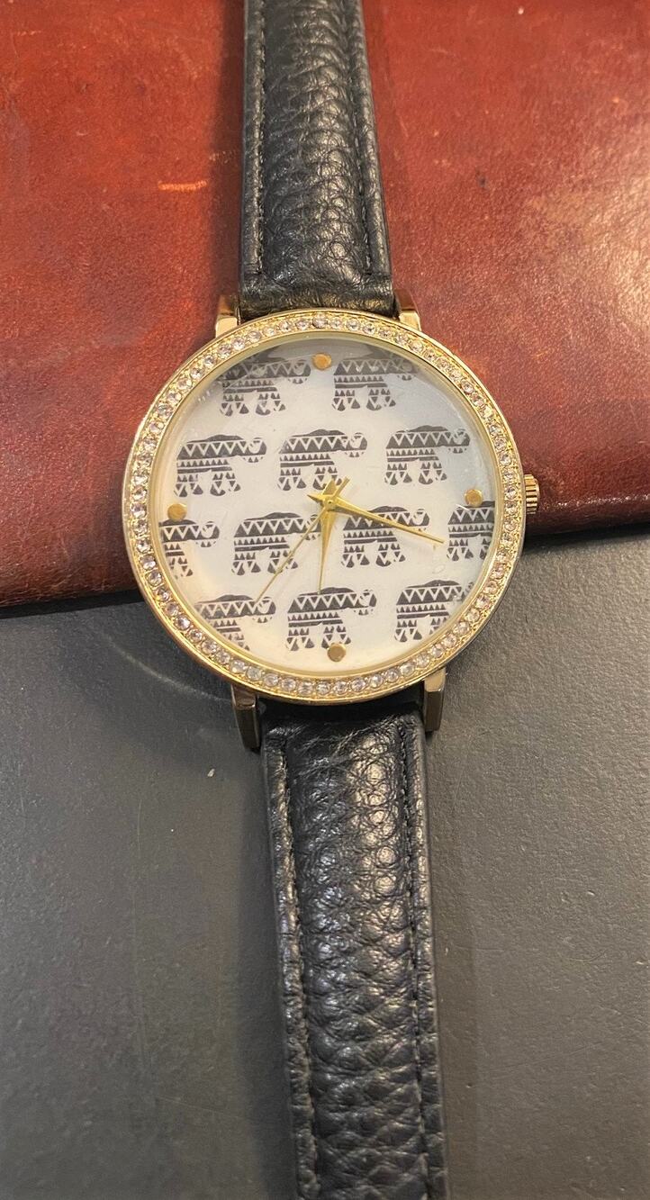 Women's 40mm Gold Tone Watch, Elephant Patterned Face, Crystal Accents